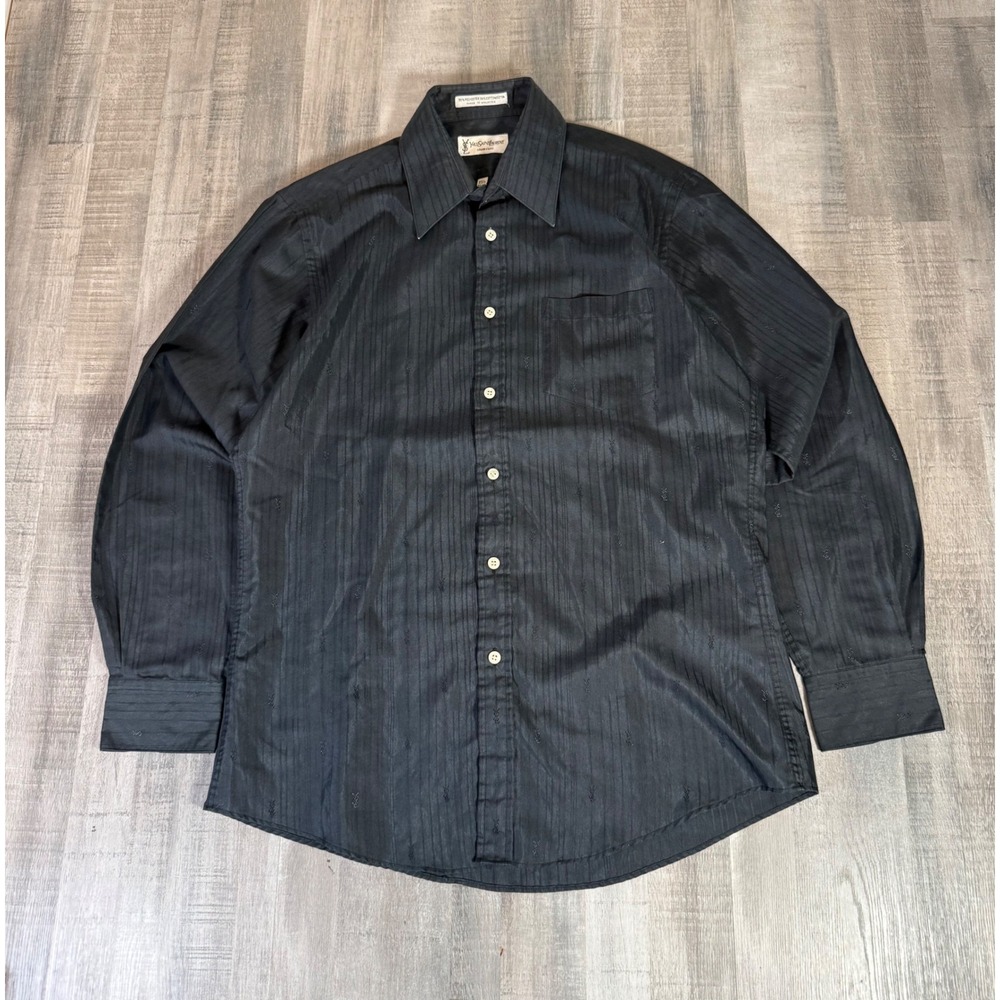 Yves Saint Laurent Chemises Mens Black Monogram Jacquard Button Down Shirt 15.5